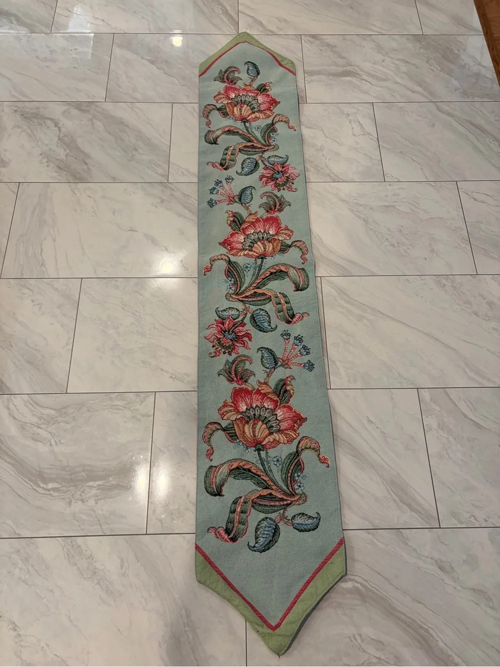 Tapestry Floral Table Runner in Aqua and Coral -